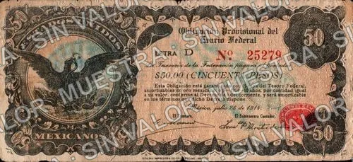 50 pesos, Obligación Provisional (M1254), M1254a1 $50 revalidated by the Prefectura Regional del Partido de la Capital, San Luis Potosí, anverso