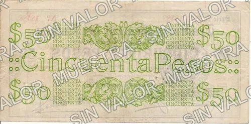 50 pesos, sábanas (M909), M909c $50 sábanas, reverso