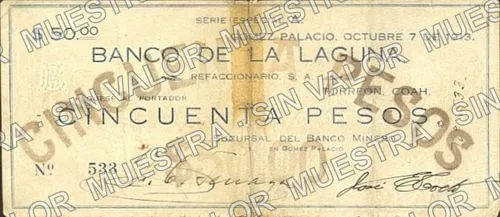 50 pesos, Sucursal del Banco Minero (M1466), M1466 $50 Sucursal del Banco Minero, anverso
