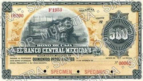 500 pesos, Banco Central Mexicano (M204), M204 $500 Banco Central Mexicano specimen, anverso