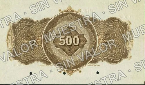 500 pesos, Banco Central Mexicano (M204), M204 $500 Banco Central Mexicano specimen, reverso
