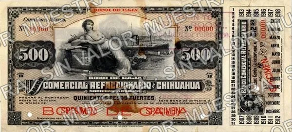 500 pesos, Banco Comercial Refaccionario de Chihuahua (M91), anverso (M91s $500 Banco Comercial Refaccionario de Chihuahua specimen)