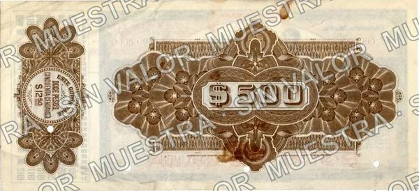 500 pesos, Banco Comercial Refaccionario de Chihuahua (M91), reverso (M91s $500 Banco Comercial Refaccionario de Chihuahua specimen)