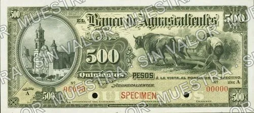 500 pesos, Banco de Aguascalientes (M56), anverso (M56s $500 Banco de Aguascalientes specimen)