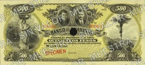 500 pesos, Banco de Coahuila (M172), anverso (M172s $500 Banco de Coahuila specimen)