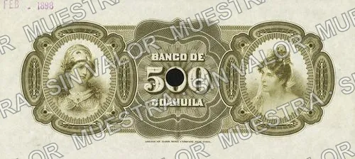 500 pesos, Banco de Coahuila (M172), reverso (M172s $500 Banco de Coahuila specimen)