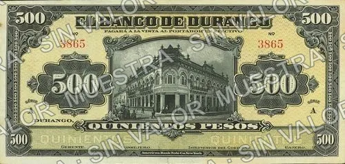500 pesos, Banco de Durango remainder (M339), M339r $500 Banco de Durango remainder, anverso