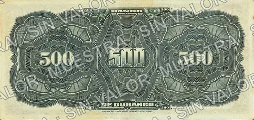 500 pesos, Banco de Durango remainder (M339), M339r $500 Banco de Durango remainder, reverso