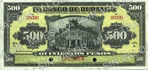 500 pesos, Banco de Durango remainder (M339), anverso (M339s $500 Banco de Durango specimen)