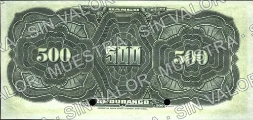 500 pesos, Banco de Durango remainder (M339), reverso (M339s $500 Banco de Durango specimen)