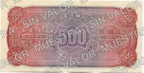500 pesos, Banco de Empleados (M212), M212s $500 Banco de Empleados specimen, reverso