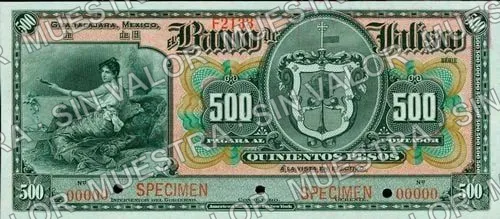 500 pesos, Banco de Jalisco (M392), M392s $500 Banco de Jalisco specimen, anverso