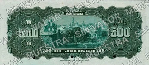500 pesos, Banco de Jalisco (M392), M392s $500 Banco de Jalisco specimen, reverso