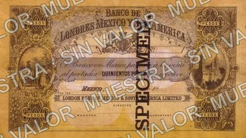 500 pesos, Banco de Londres, México y Sud América $500 (M240), M240 Banco de Londres, México y Sud América $500 specimen, anverso