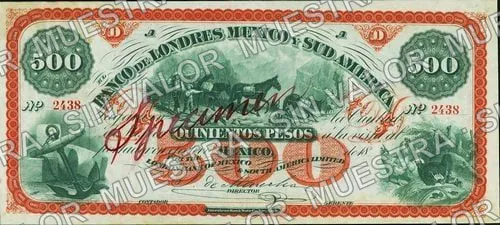 500 pesos, Banco de Londres, México y Sud América (M255), M255s $500 Banco de Londres, México y Sud América specimen, anverso