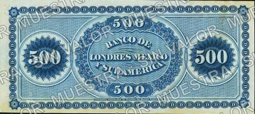 500 pesos, Banco de Londres, México y Sud América (M255), M255s $500 Banco de Londres, México y Sud América specimen, reverso