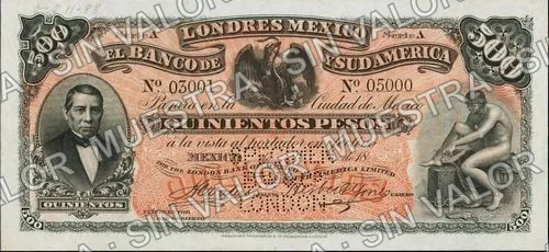 500 pesos, Banco de Londres, México y Sud América (M268), M268s $500 Banco de Londres, México y Sud América, anverso