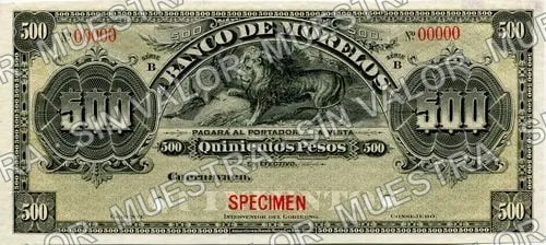 500 pesos, Banco de Morelos (M422), M422s $500 Banco de Morelos specimen, anverso