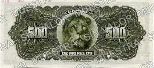 500 pesos, Banco de Morelos (M422), M422s $500 Banco de Morelos specimen, reverso