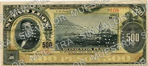 500 pesos, Banco de Nuevo León (M439), M439r $500 dated and stamped, then needlepunched CANCELADO, anverso