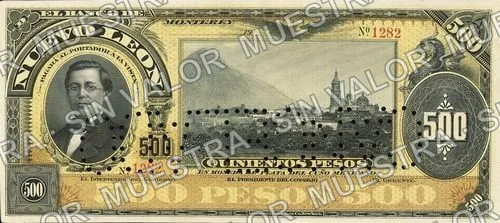 500 pesos, Banco de Nuevo León (M439), M439r $500 dated and stamped, then needlepunched CANCELADO, anverso