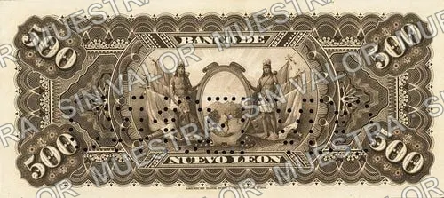 500 pesos, Banco de Nuevo León (M439), M439r $500 dated and stamped, then needlepunched CANCELADO, reverso