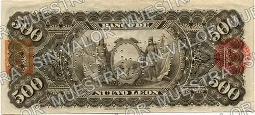 500 pesos, Banco de Nuevo León (M439), M439r $500 dated and stamped, then needlepunched CANCELADO, reverso
