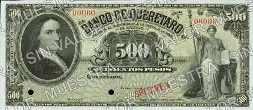 500 pesos, Banco de Querétaro (M478), M478s $500 Banco de Querétaro specimen, anverso