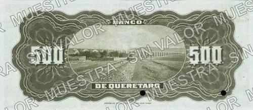 500 pesos, Banco de Querétaro (M478), M478s $500 Banco de Querétaro specimen, reverso