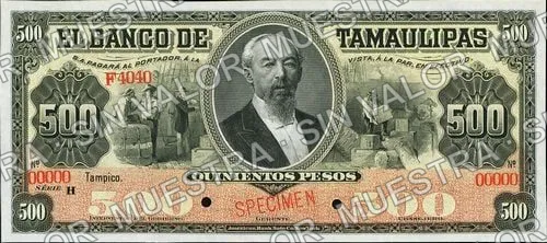 500 pesos, Banco de Tamaulipas (M525), M525s $500 Banco de Tamaulipas specimen, anverso
