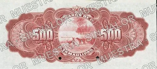 500 pesos, Banco de Tamaulipas (M525), M525s $500 Banco de Tamaulipas specimen, reverso