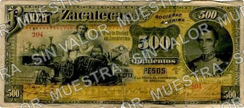 500 pesos, Banco de Zacatecas (M580), M580a $500 Banco de Zacatecas, anverso