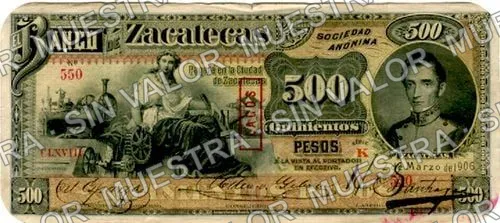 500 pesos, Banco de Zacatecas (M580), M580b $500 Banco de Zacatecas overprinted 'LAGOS', anverso