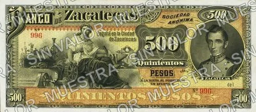 500 pesos, Banco de Zacatecas (M580), M580r $500 Banco de Zacatecas unsigned remainder, anverso