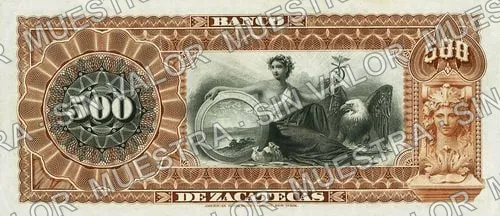 500 pesos, Banco de Zacatecas (M580), M580r $500 Banco de Zacatecas unsigned remainder, reverso