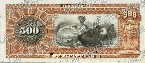 500 pesos, Banco de Zacatecas (M580), M580s $500 Banco de Zacatecas specimen, reverso