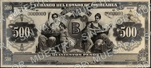 500 pesos, Banco del Estado de Chihuahua (M100), anverso (M100p2 $500 Banco del Estado de Chihuahua bromide proof)