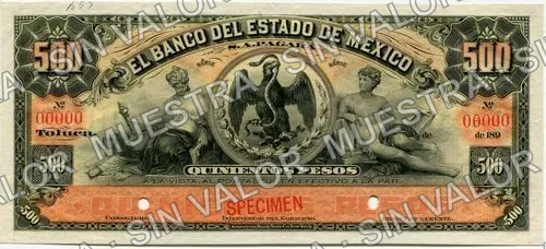 500 pesos, Banco del Estado de México (M401), M401s $500 Banco del Estado de México specimen, anverso