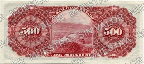 500 pesos, Banco del Estado de México (M401), M401s $500 Banco del Estado de México specimen, reverso