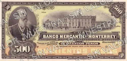 500 pesos, Banco Mercantil de Monterrey (M429), M429s $500 Banco Mercantil de Monterrey specimen, anverso