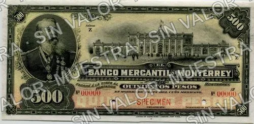 500 pesos, Banco Mercantil de Monterrey (M429), M429s $500 Banco Mercantil de Monterrey specimen, anverso