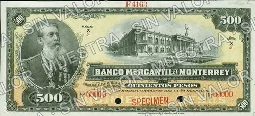 500 pesos, Banco Mercantil de Monterrey (M429), anverso (M429s $500 Banco Mercantil de Monterrey specimen)