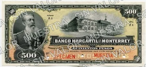 500 pesos, Banco Mercantil de Monterrey (M429), M429s $500 Banco Mercantil de Monterrey specimen, anverso
