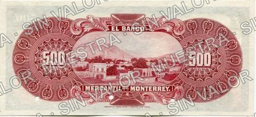 500 pesos, Banco Mercantil de Monterrey (M429), M429s $500 Banco Mercantil de Monterrey specimen, reverso
