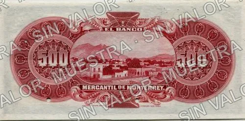 500 pesos, Banco Mercantil de Monterrey (M429), M429s $500 Banco Mercantil de Monterrey specimen, reverso