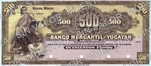 500 pesos, Banco Mercantil de Yucatán (M552), anverso (M552s $500 Banco Mercantil de Yucatán specimen)