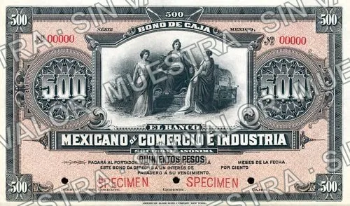 500 pesos, Banco Mexicano de Comercio é Industria (M292), M292 $500 Banco Mexicano de Comercio é Industria specimen, anverso