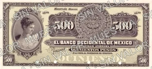 500 pesos, Banco Occidental de México (M500), anverso (M500s $500 Banco Occidental de México specimen)