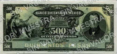500 pesos, Banco Oriental de México (M465), M465s $500 Banco Oriental de México specimen, anverso