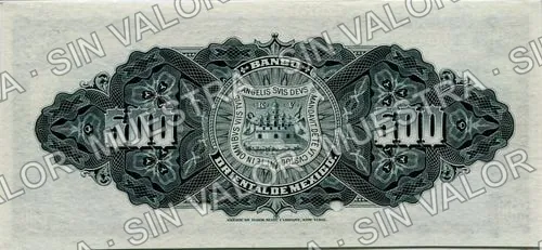 500 pesos, Banco Oriental de México (M465), M465s $500 Banco Oriental de México specimen, reverso